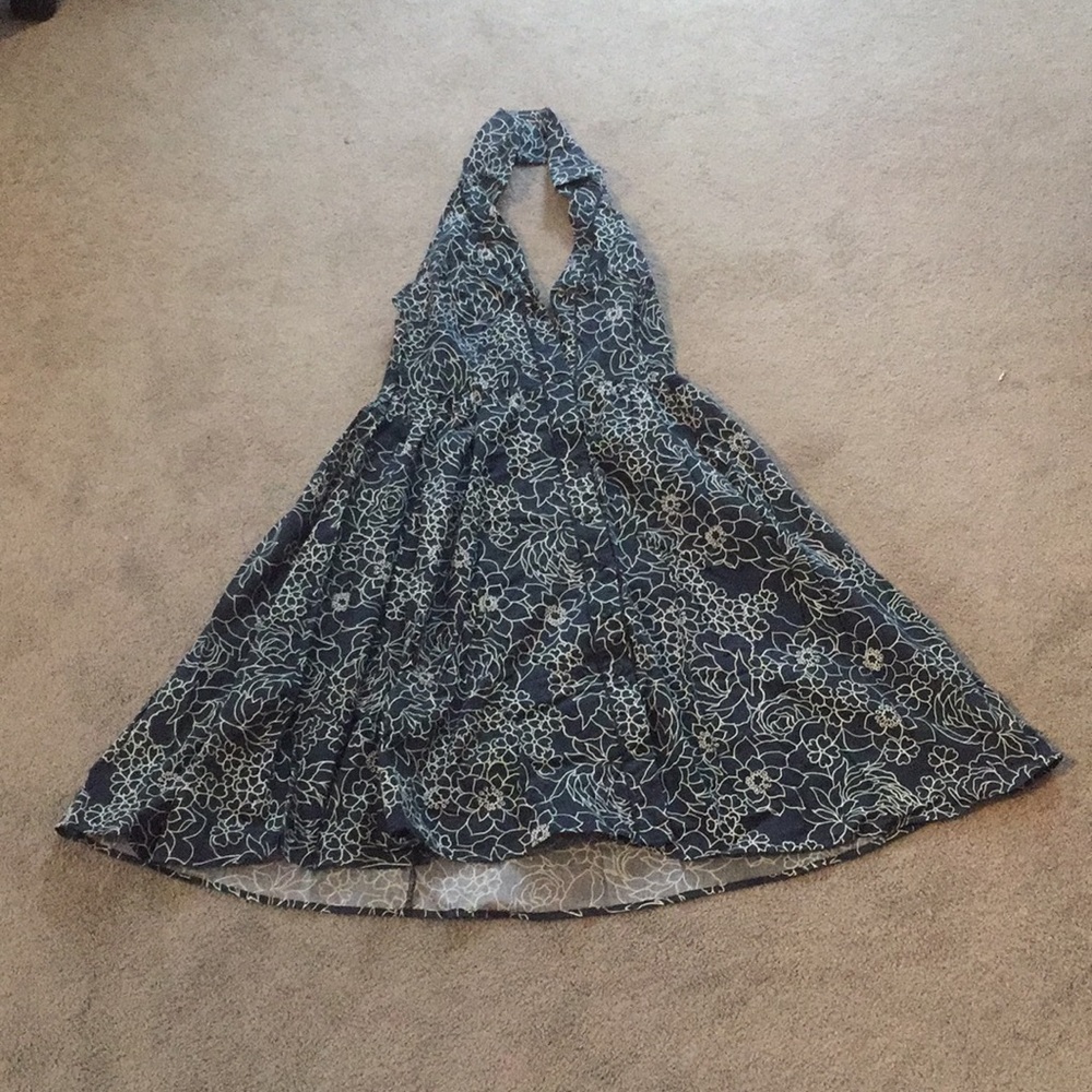 Lapis Floral Backless Dress with Collar